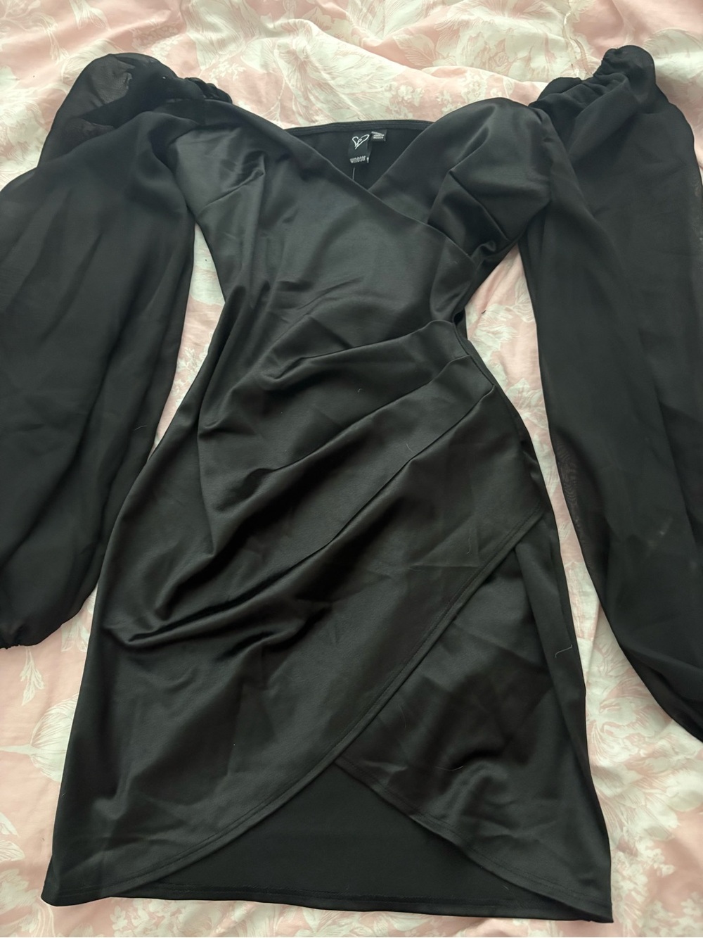 Black Puff-Sleeve Wrap Mini Dress - Windsor Brand